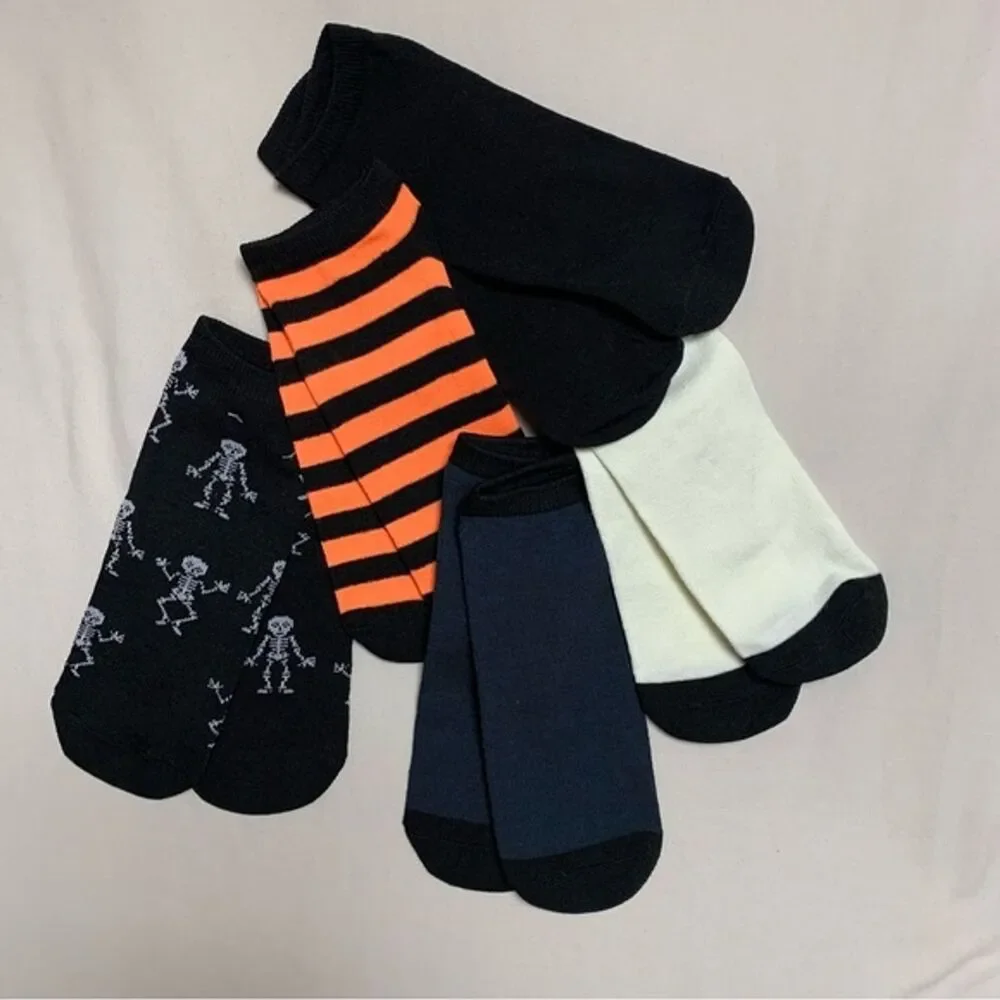 Halloween Fall Girl’s 6-12 Ankle Socks Orange Black Skeleton Stripes Set of 5